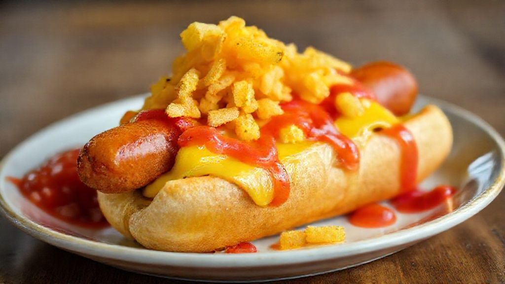 Fully assembled Colombian hot dog with all toppings