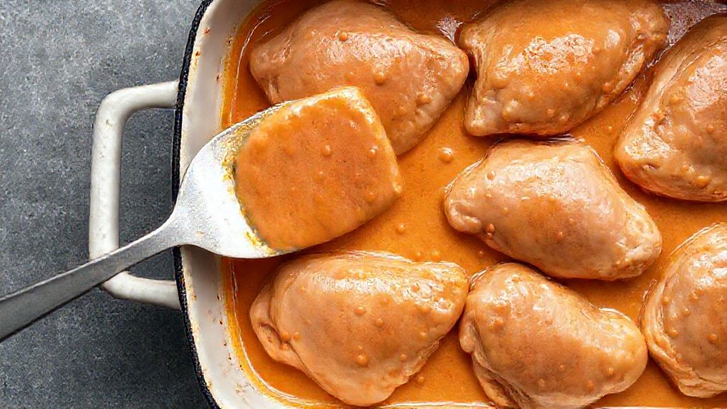 Assembling butter chicken in a baking dish before baking