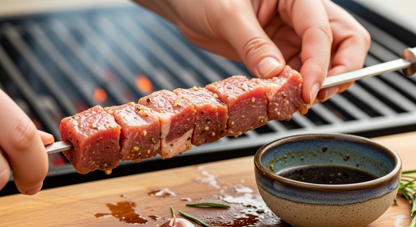 Enfilage de l'agneau mariné sur des brochettes