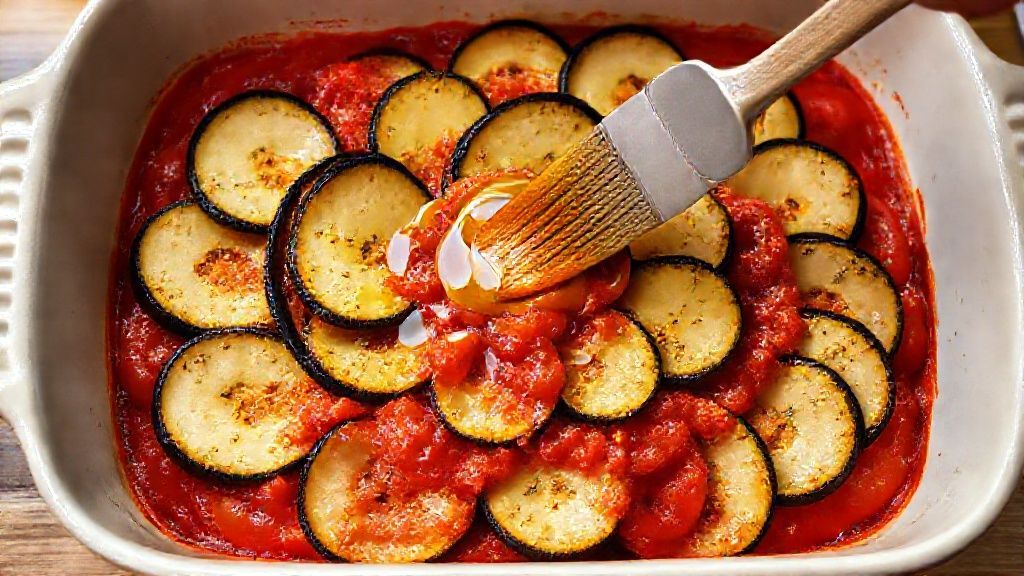 Arranging sliced vegetables in a circular pattern and brushing with olive oil.