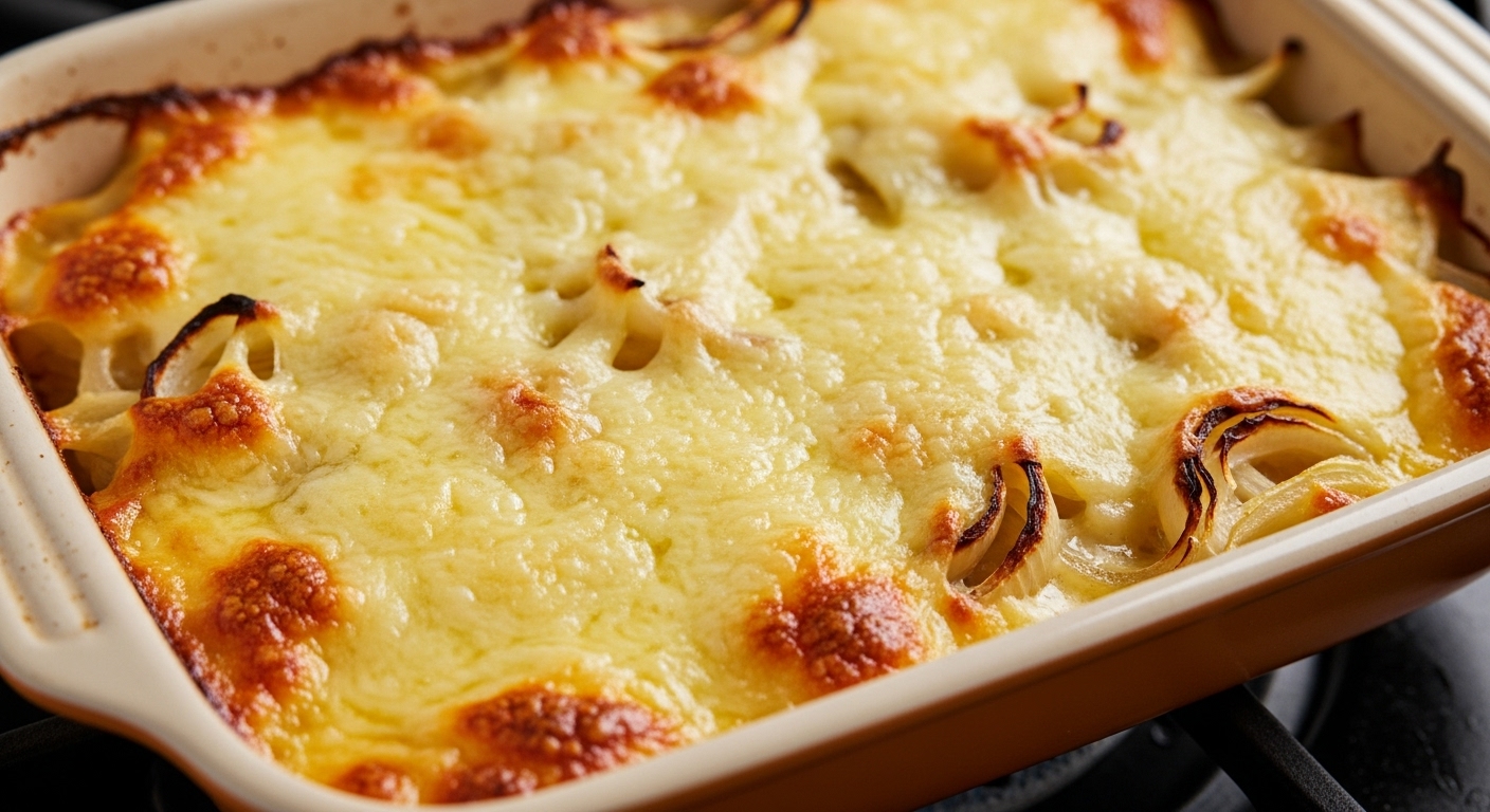Baked Tennessee Onions casserole, golden and bubbly, fresh from the oven