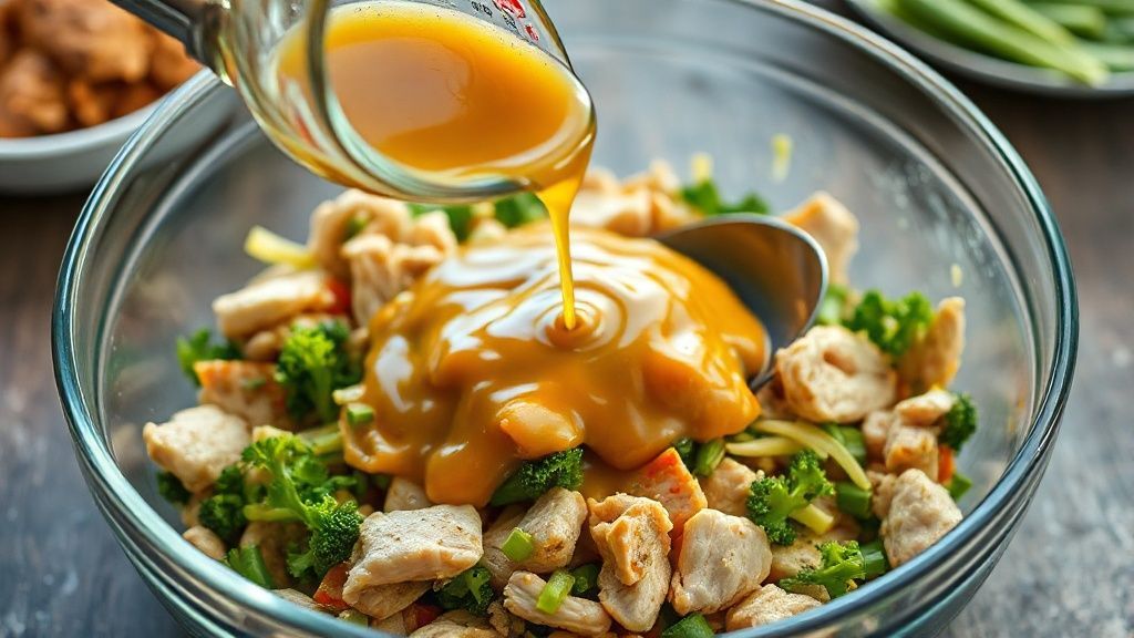 Mixing chicken salad with dressing