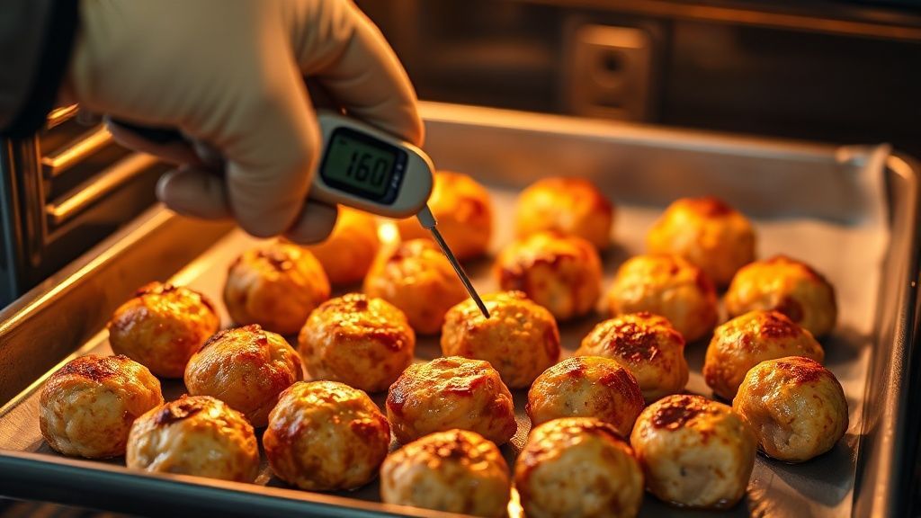 Baked chicken meatballs with an instant-read thermometer showing internal temperature