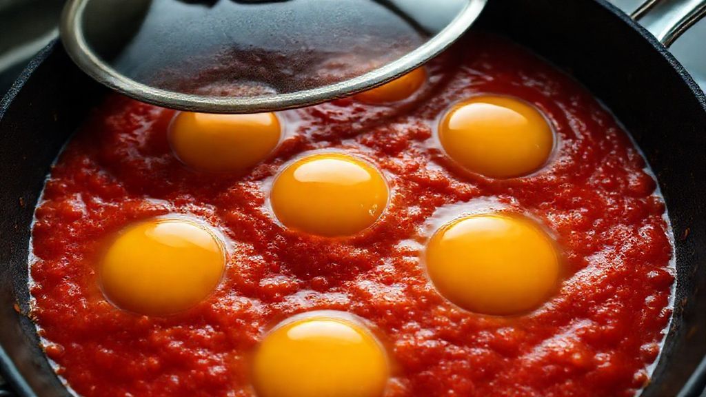 Cracking eggs into Shakshuka sauce