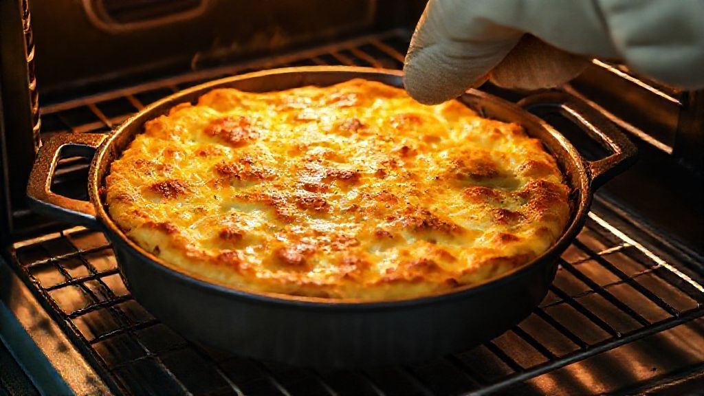 Gratin de fromage cottage et d'œufs sorti du four