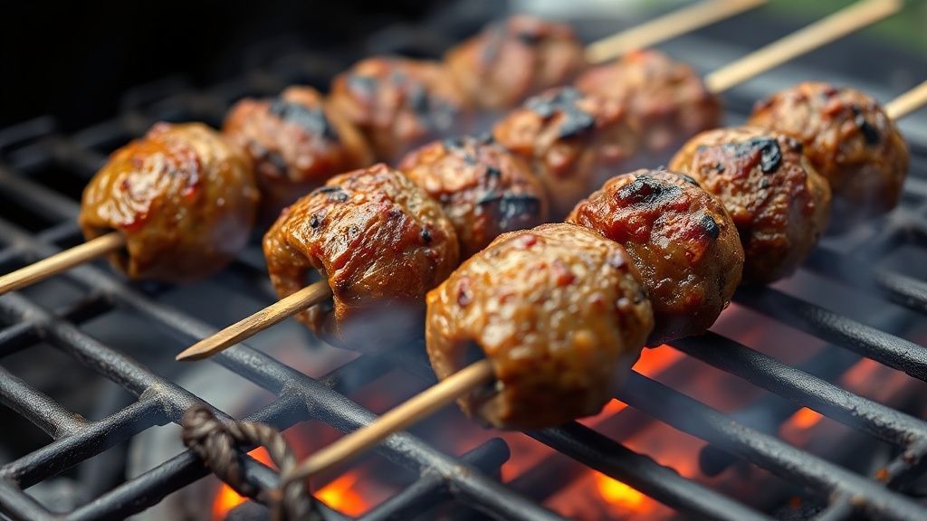 Asando koftas de cordero en una barbacoa