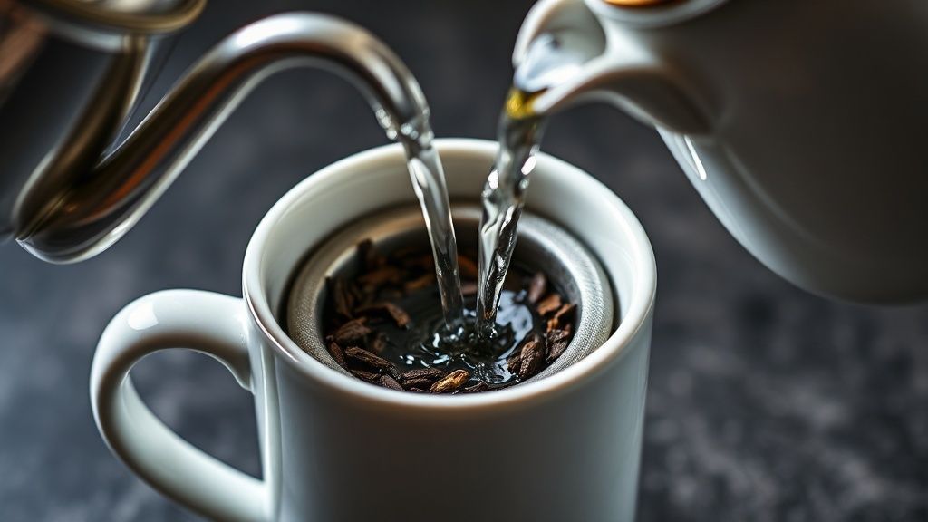 Pouring hot water from kettle into tea or coffee setup