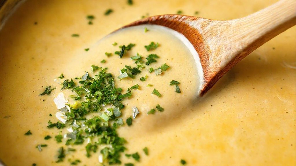Stirring creamy mustard sauce with fresh herbs in a pan