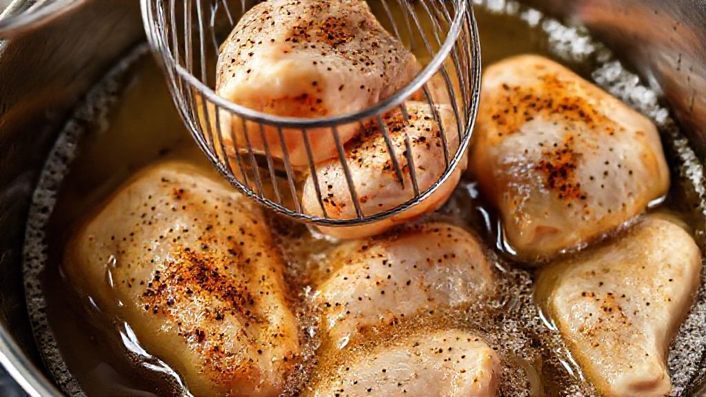 Añadiendo cuidadosamente pollo al aceite caliente para freír usando una espumadera