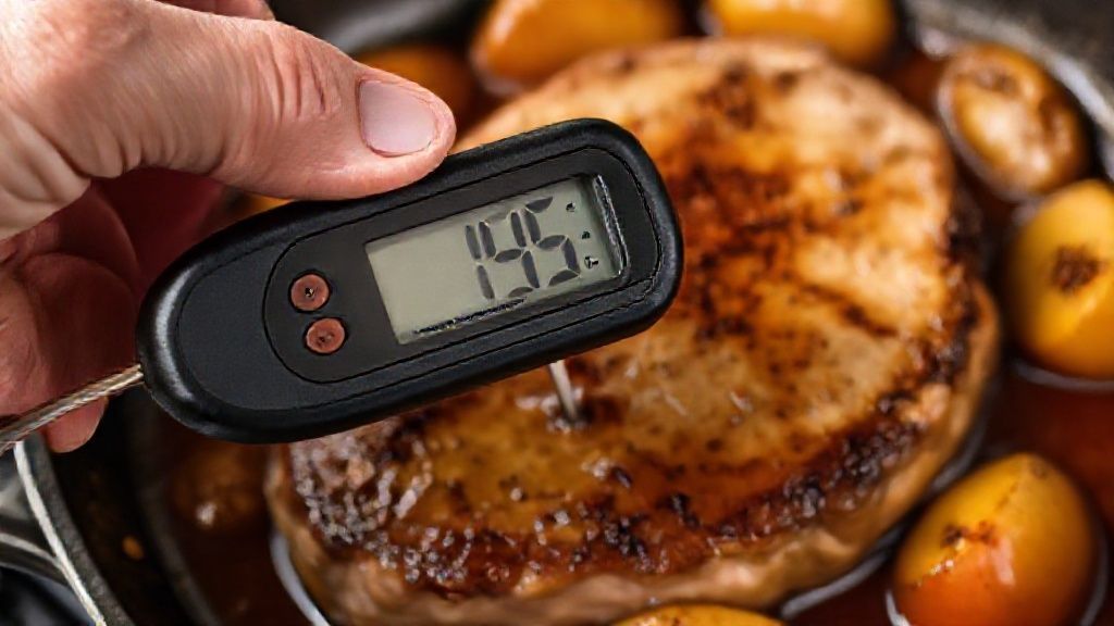 Comprobando la temperatura interna de la chuleta de cerdo con un termómetro
