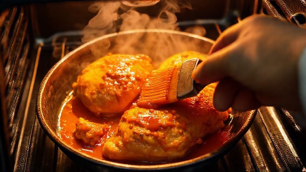Basting baked butter chicken during cooking