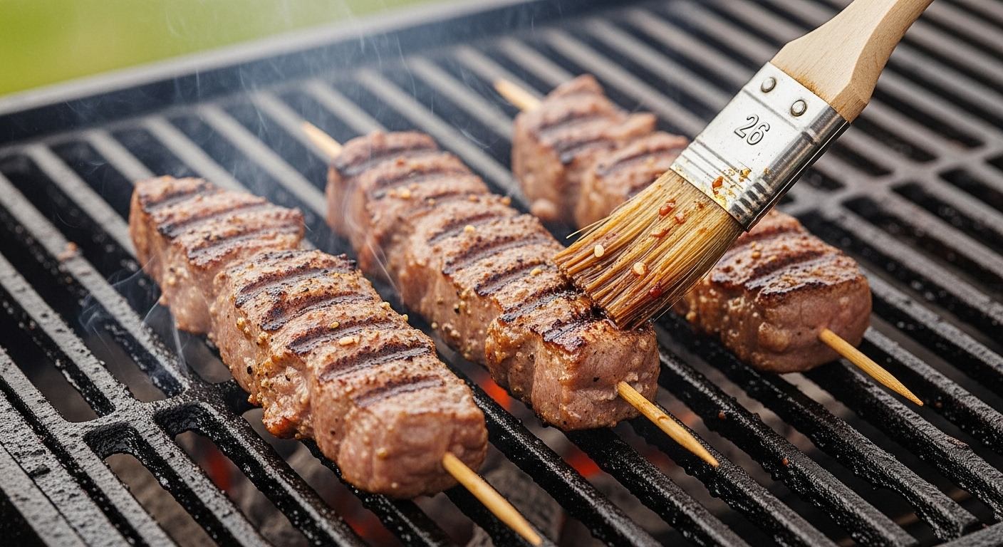 Grillade de brochettes de Souvlaki d'agneau sur un barbecue d'extérieur