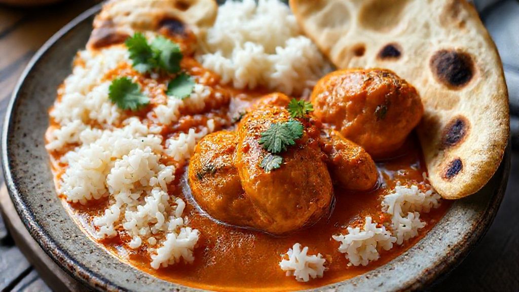 Serving one-pan baked butter chicken with rice and naan