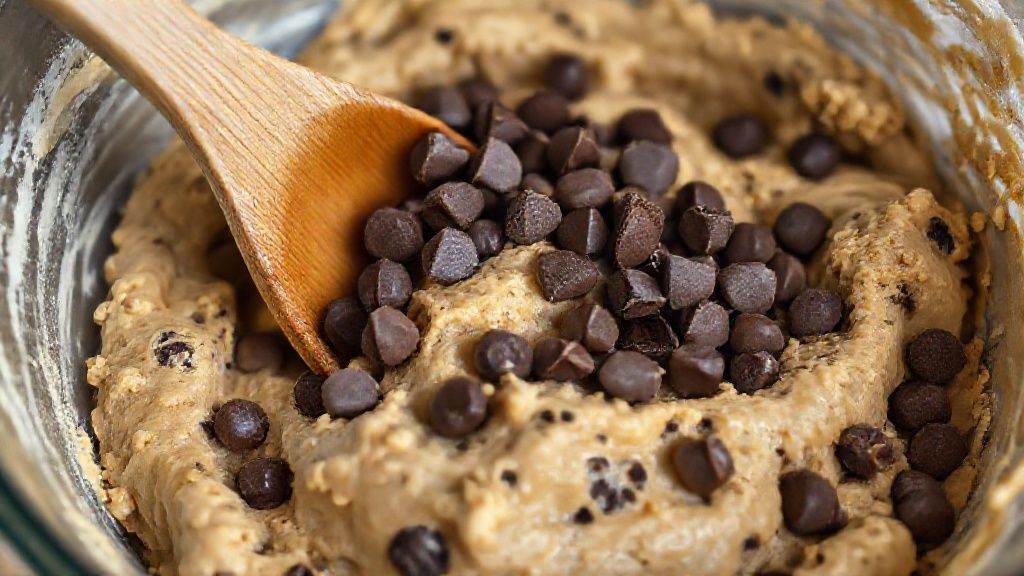 Folding semi-sweet chocolate chips into cookie dough with a wooden spoon