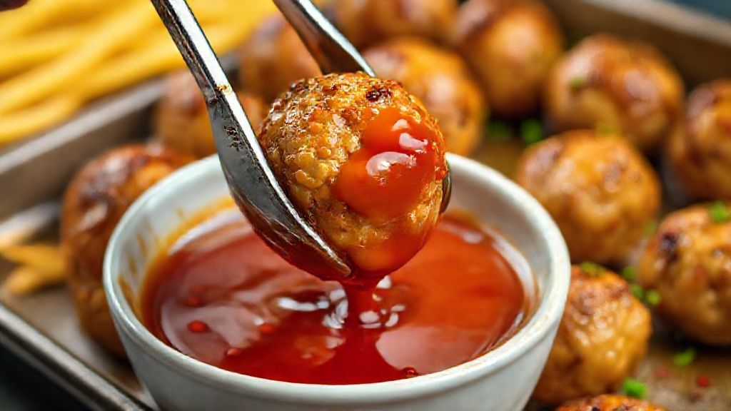 Coating baked meatballs in firecracker sauce