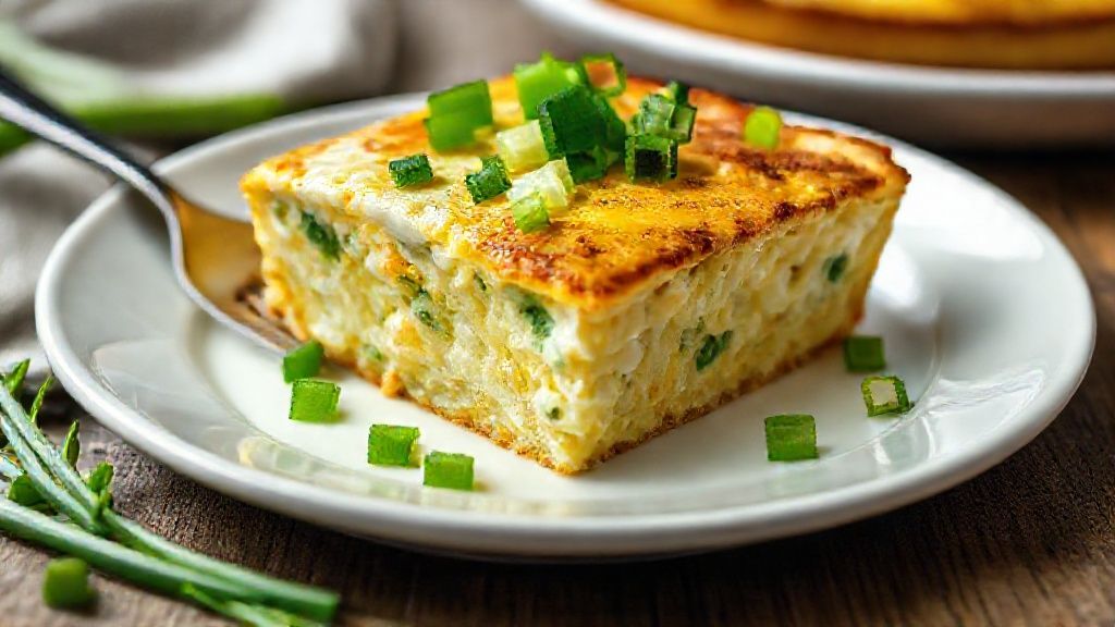 Service du gratin de fromage cottage et d'œufs garni de ciboulette