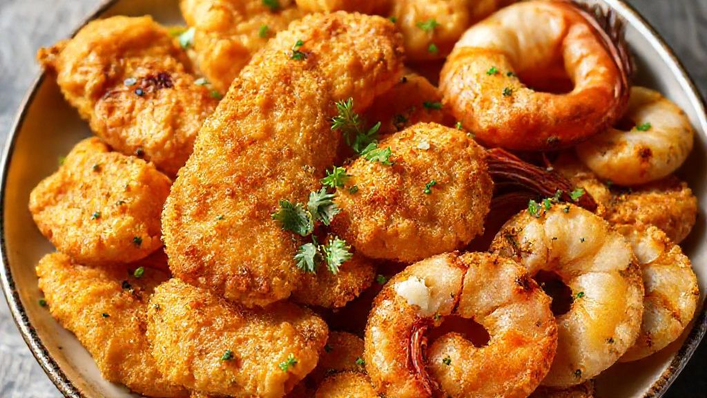 Plato de pollo frito crujiente, papas y camarones