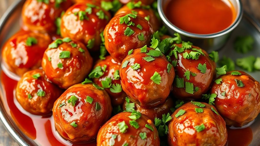 Served Firecracker Chicken Meatballs garnished with parsley and extra sauce