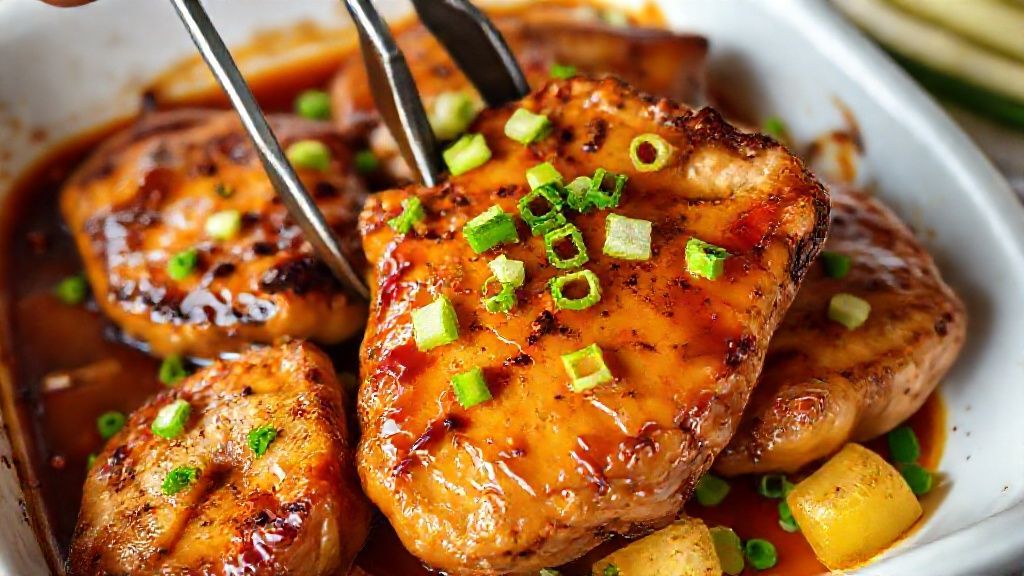 Service des côtes de porc teriyaki à l'ananas