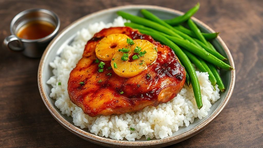 Repas complet de côte de porc teriyaki, riz et haricots verts