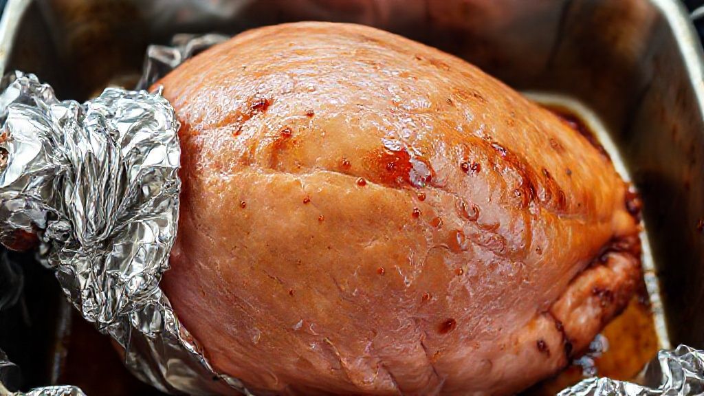 Ham in roasting pan with foil support