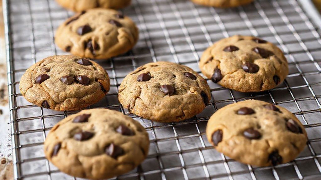 Cooling chocolate chip cookies on a wire rack
