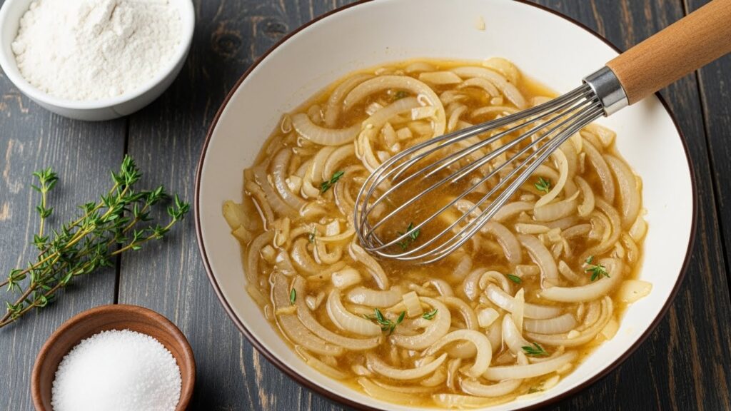 Create the Sauce Base
Stir the plain flour into the softened onion and garlic mixture. 
