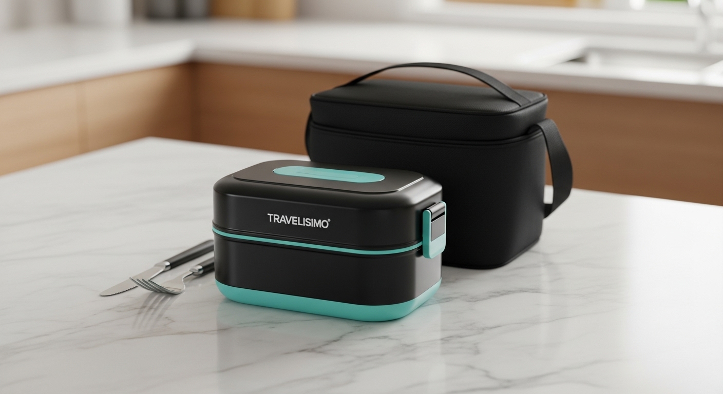 Boîte à lunch électrique TRAVELISIMO pour adultes, en acier inoxydable de 1,5 L, avec sac et ustensiles inclus, sur une île de cuisine moderne.