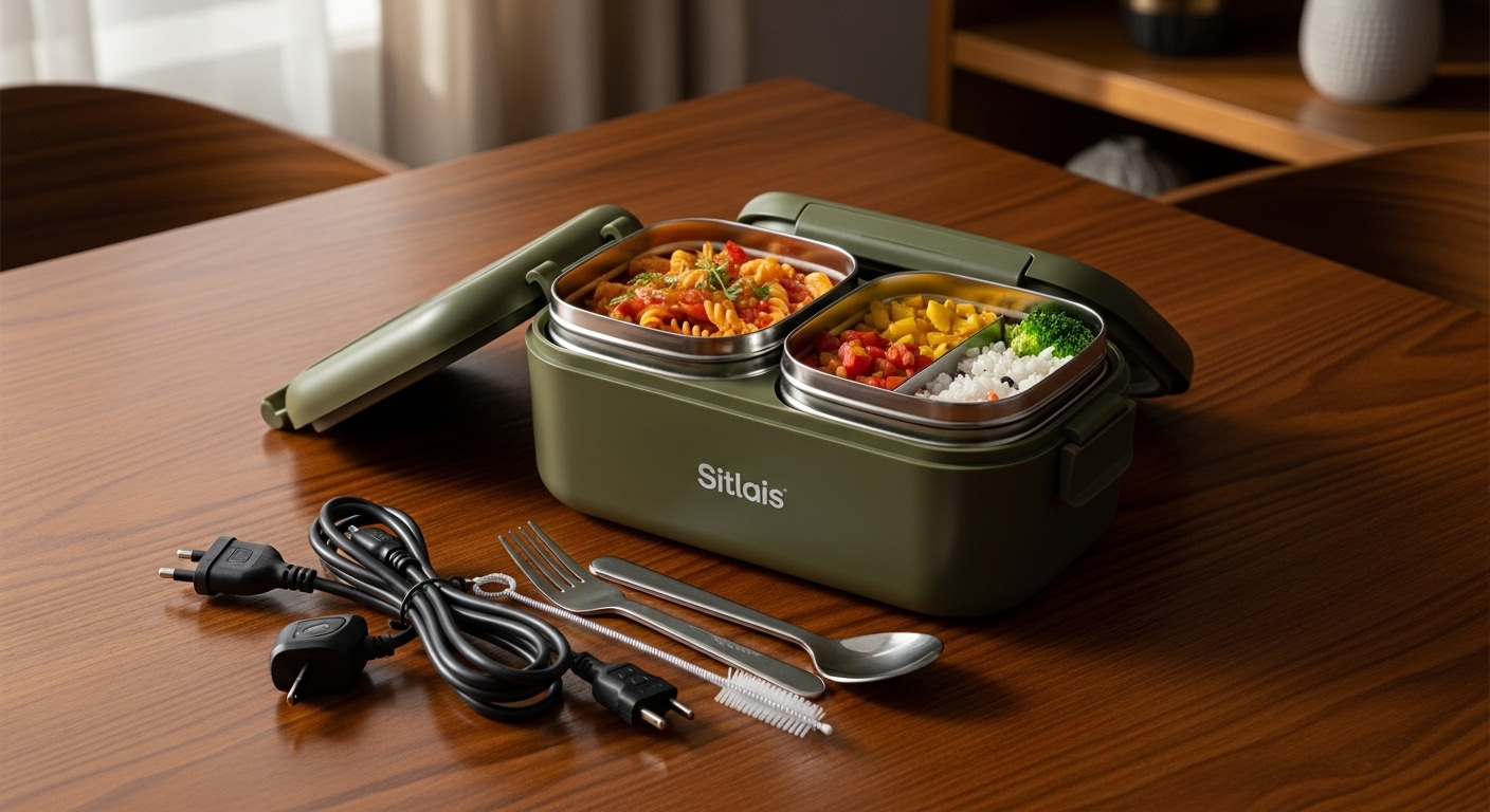 Boîte à lunch chauffante Sitlais avec deux conteneurs en acier inoxydable de 1,5 L, remplis de divers repas chauds, sur une table à manger en bois.