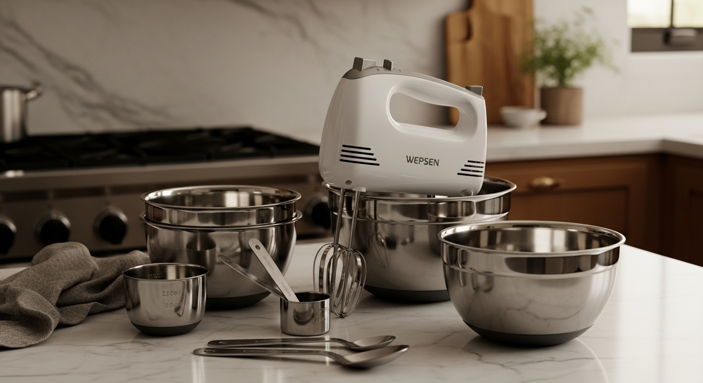 WEPSEN 5-Speed Electric Hand Mixer with a complete set of stainless steel mixing bowls and measuring tools on a marble counter.