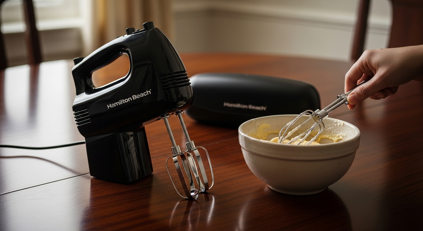 Black Hamilton Beach Power Deluxe 6-Speed Electric Hand Mixer with beaters and whisk on a dark wood table, ready for baking.