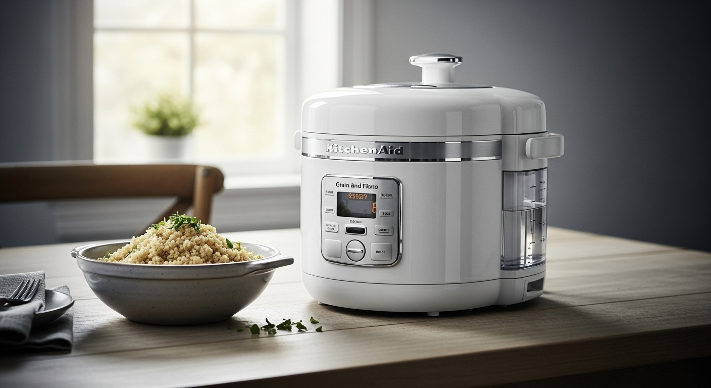 KitchenAid KGC3155 porcelain white grain and rice cooker with integrated scale and water tank