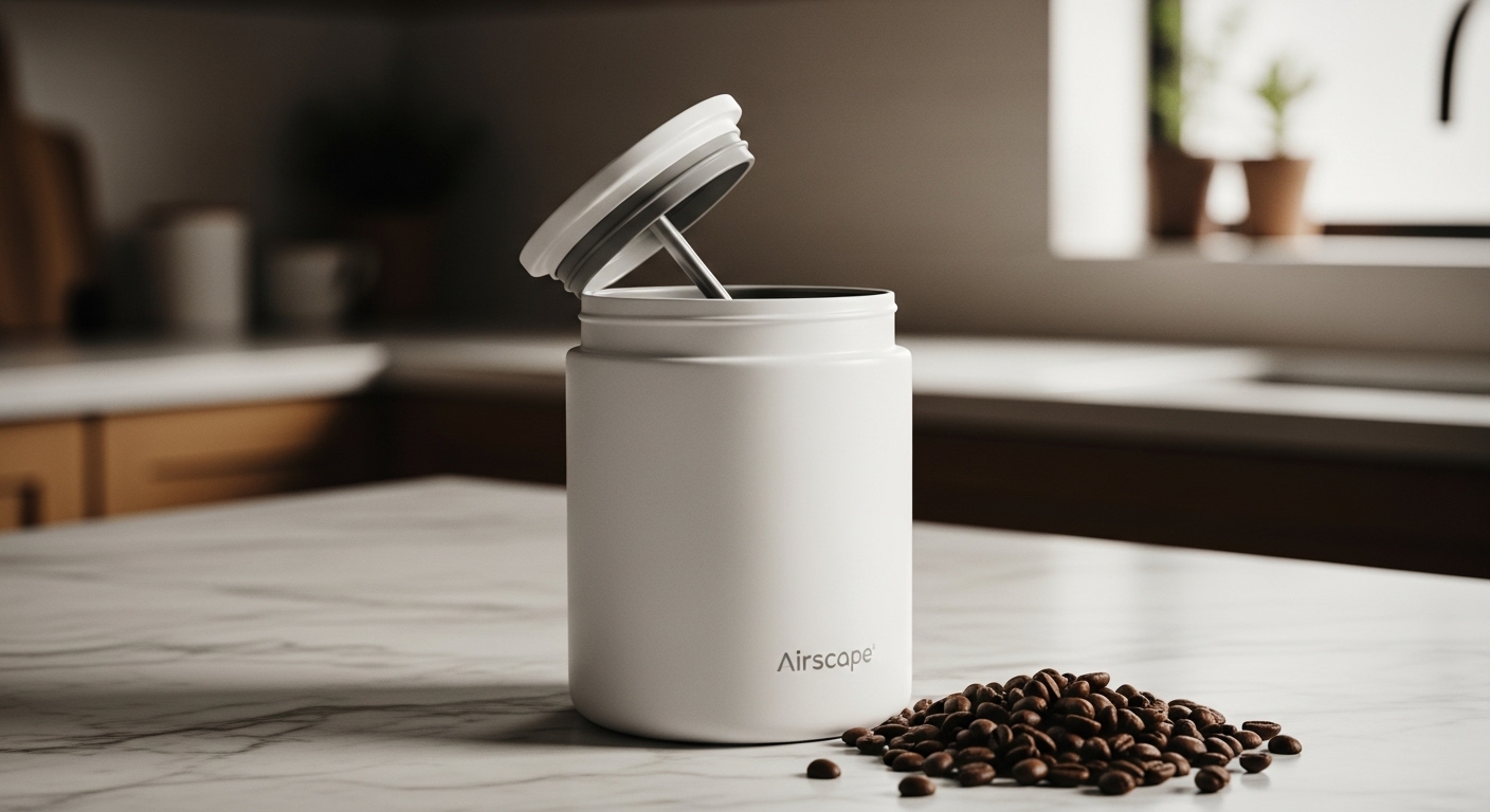Planetary Design Airscape matte white coffee canister with patented airless plunger lid and roasted coffee beans