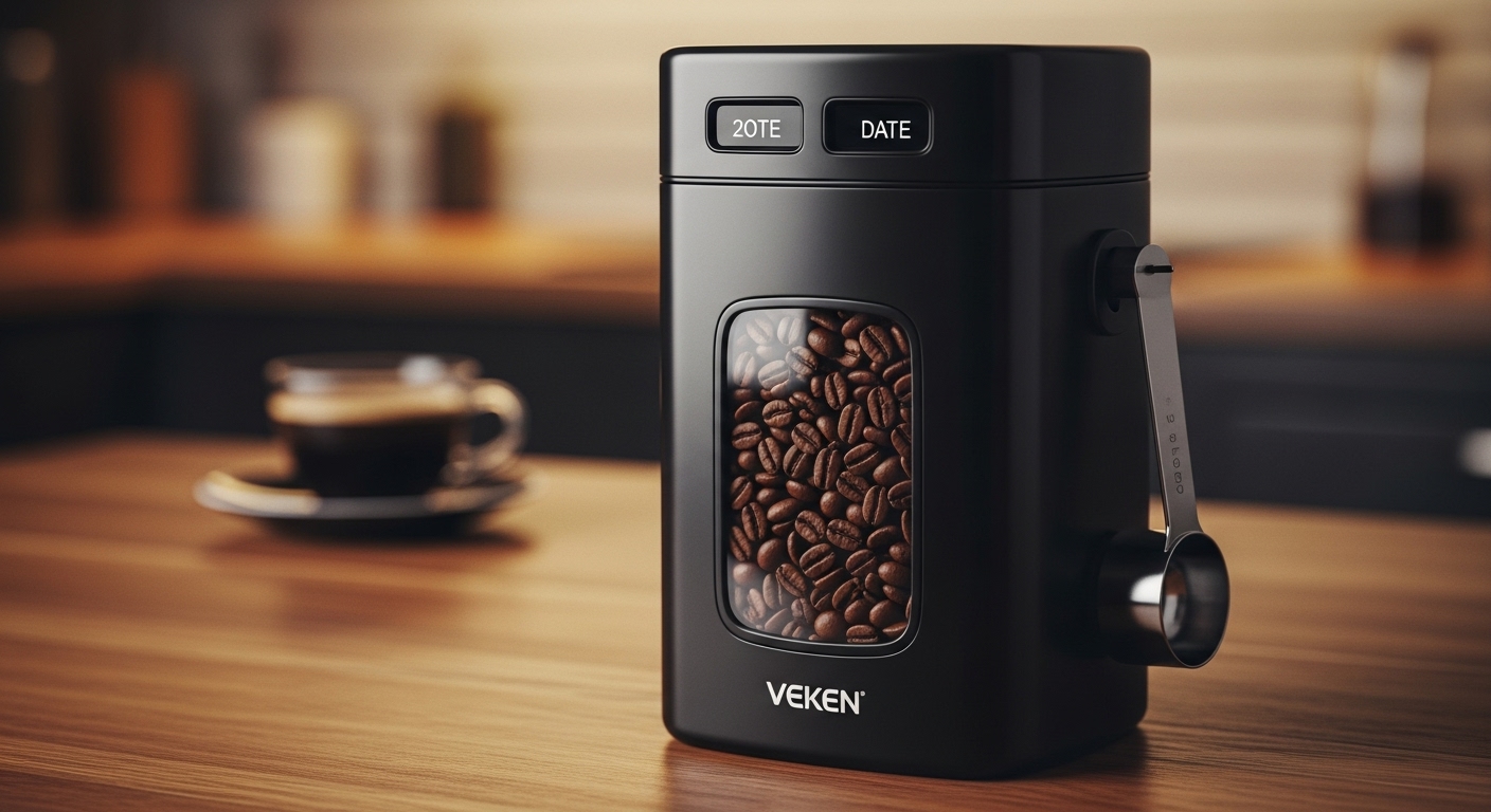 Veken 16oz black coffee canister with window, date tracker, and measuring scoop