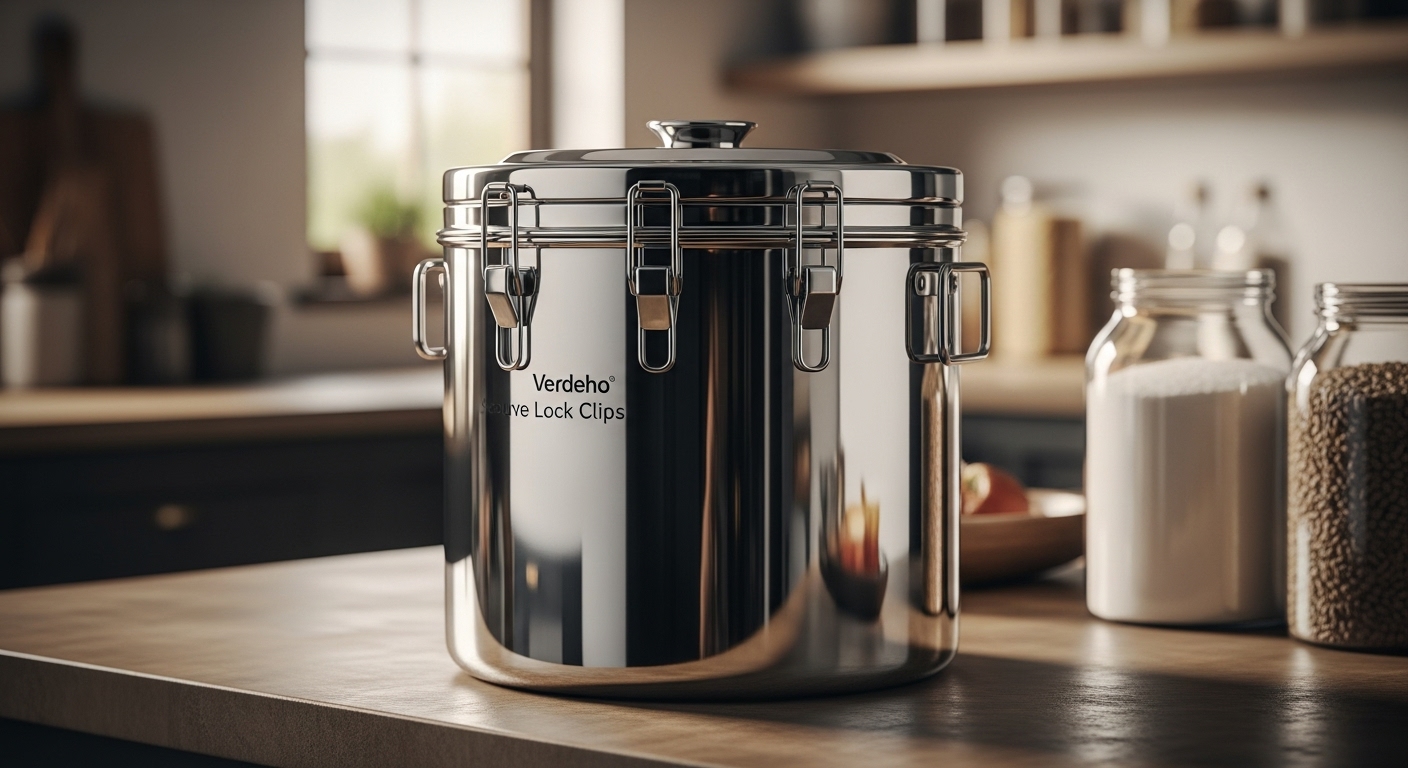 Large Verdeho 3.17-gallon stainless steel food storage container with airtight lock clips and handles