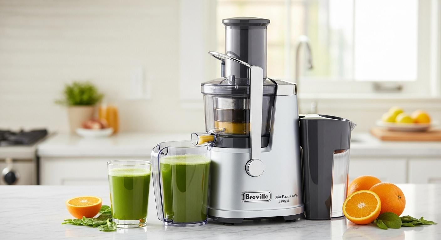 Breville Juice Fountain Plus JE98XL, a silver centrifugal juicer with a wide chute and froth separator, on a marble kitchen counter.