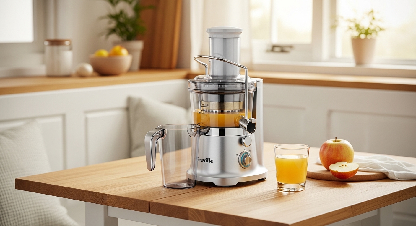 Breville BJE200XL Juice Fountain Compact, a space-saving centrifugal juicer in silver, ideal for small kitchens.