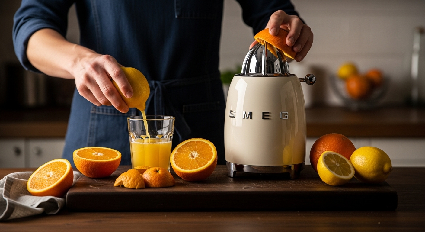 Presse-agrumes SMEG CJF11 crème avec des oranges et des citrons frais