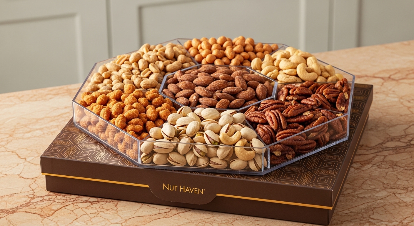 Elegant octagonal clear tray filled with various gourmet nuts: toffee peanuts, glazed almonds, salted pistachios, cashews, and pecans, on a decorative Nut Haven box