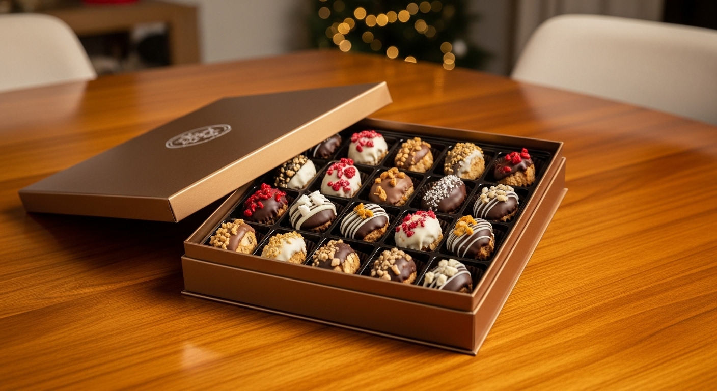 Open bronze gift box filled with 24 chocolate-covered biscotti with various toppings, tied with a brown ribbon and snowflake tag