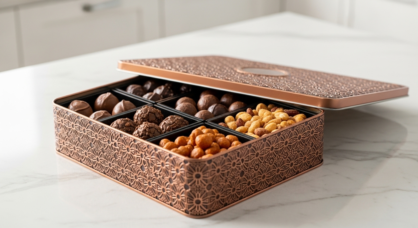 Open copper-colored keepsake tin filled with assorted chocolate truffles, hazelnut bon bons, butter toffee peanuts, and a salty nut mix, by Bonnie and Pop