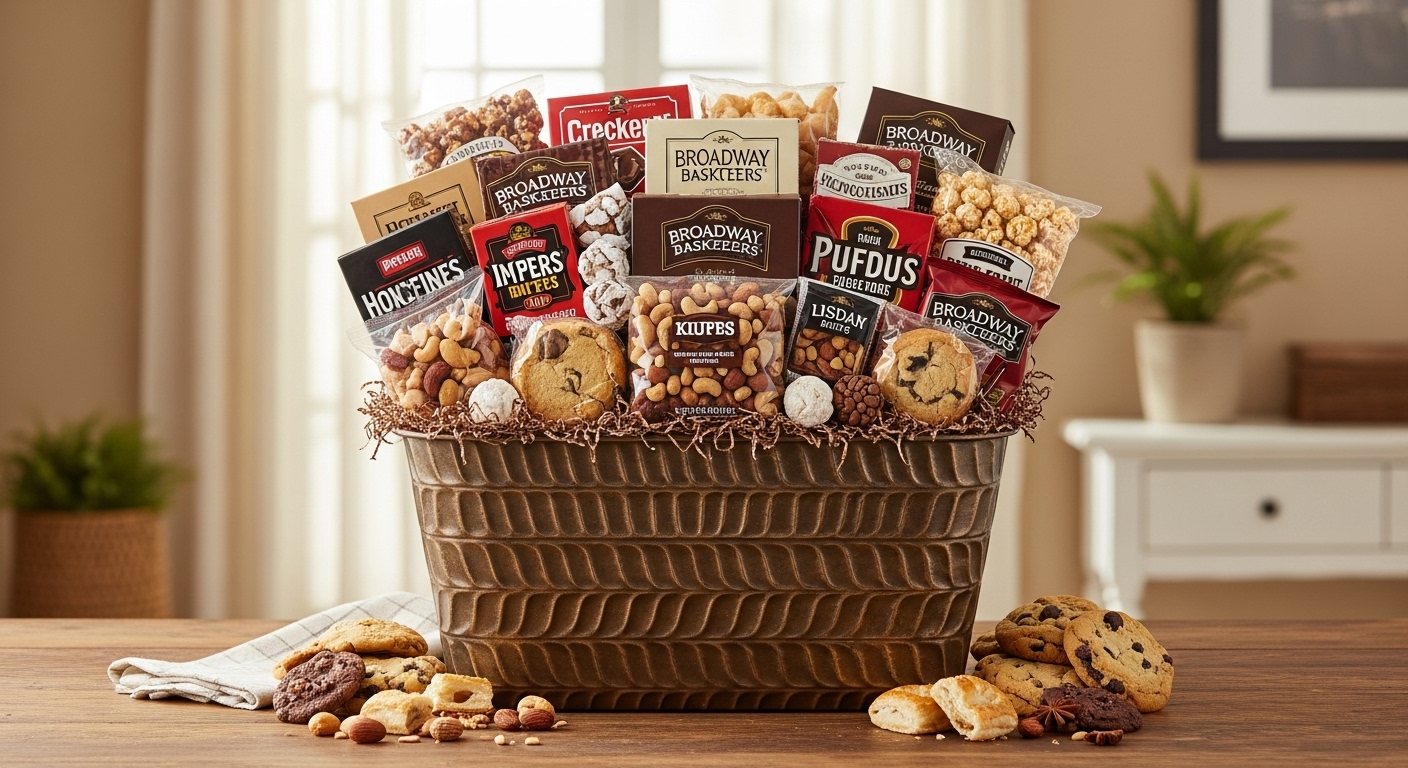 Large, tall gift basket overflowing with individually wrapped sweet and savory snacks, including cookies, nuts, and popcorn, tied with a gold ribbon, with scattered treats around