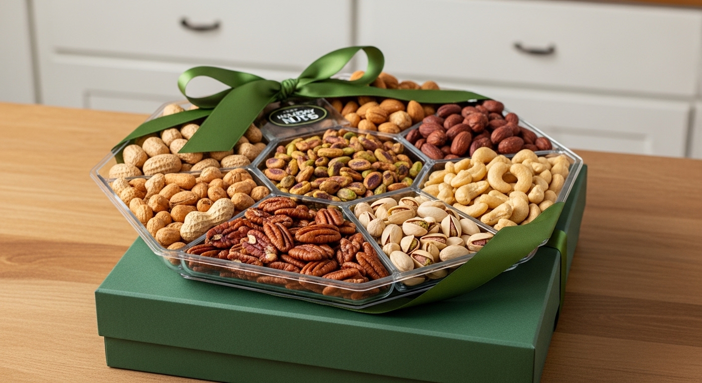 Clear octagonal tray filled with a variety of freshly roasted nuts, including walnuts, peanuts, pecans, pistachios, and cashews, tied with a green ribbon, on a green gift box