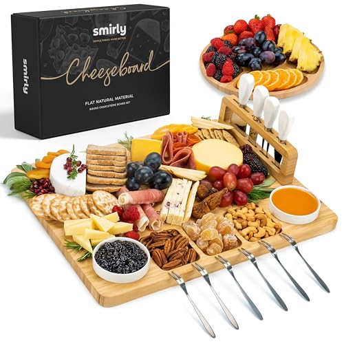 SMIRLY large bamboo charcuterie board set with magnetic knife holder, ceramic bowls, fresh fruits, and gourmet spread.