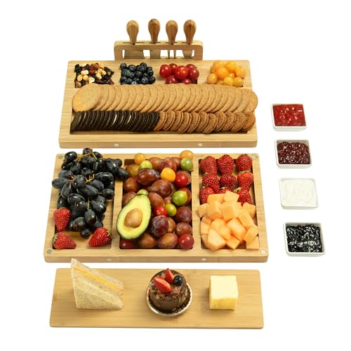 drmvalg charcuterie board cheese tray set with double platters, ceramic bowls, stainless steel knives, and a variety of snacks.