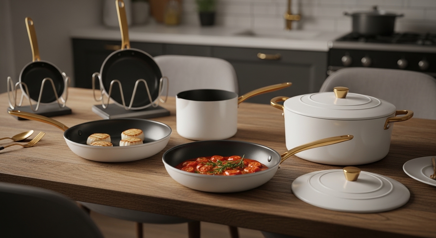 Caraway Nonstick Ceramic Cookware Set in white with gold handles, arranged neatly in a minimalist kitchen