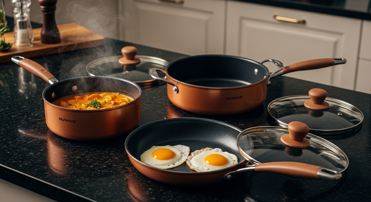 Nuwave Healthy Duralon Blue Ceramic Nonstick Cookware Set with copper exterior in a rustic kitchen setting