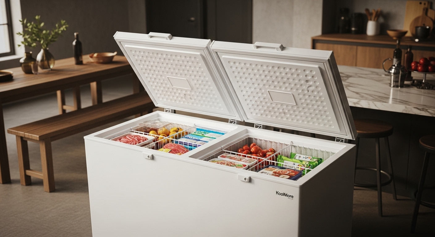 KoolMore SCF-20C 20 cu. ft. Truhengefrierschrank mit geöffneten Deckeln, die organisierte Tiefkühlkost zeigen