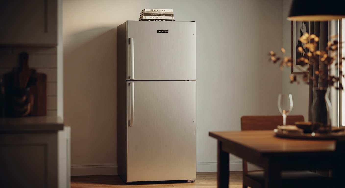 Frigidaire 6,5 cu. ft. Aufrecht-Gefrierschrank in schlankem Silberdesign, positioniert in einer zeitgenössischen Speisekammer