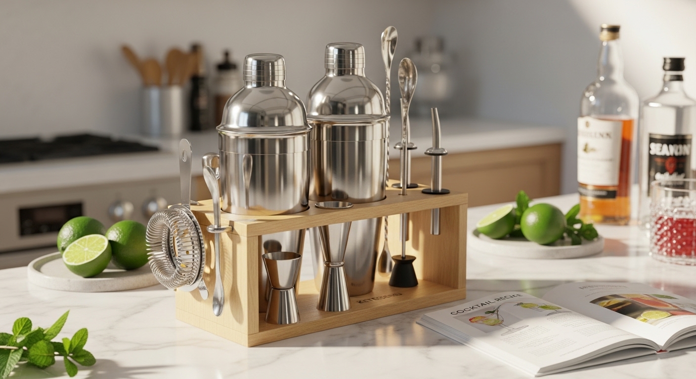 KITESSENSU Cocktail Shaker Set with a natural wooden stand and highly polished silver tools, including a recipe booklet, arranged on a kitchen counter.